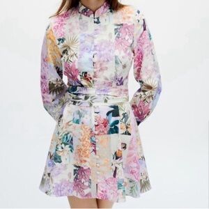 Zara Linen Blend Patchwork Belted Multicolored Tropical Print  Mini Dress Size S